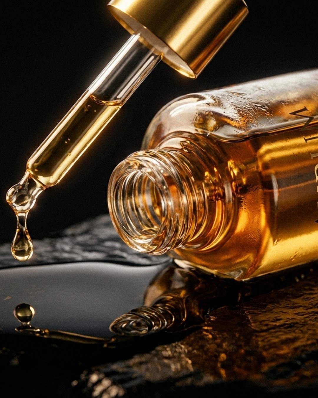 High-end luxury skincare macro shot showing a glass dropper bottle and amber serum on dark stone.